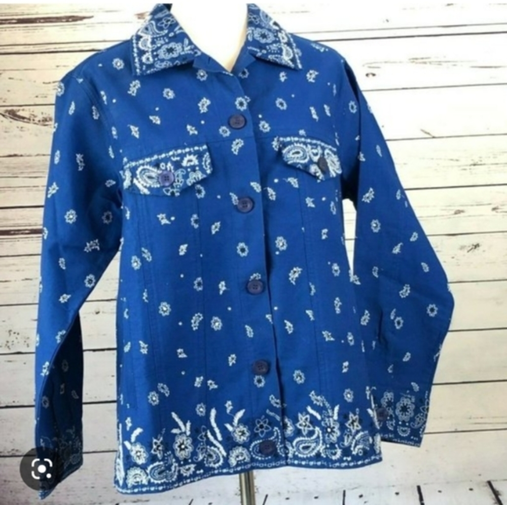 ❤️Quacker Factory QVC paisley Royal Blue Bandana Size XS Jacket Coat